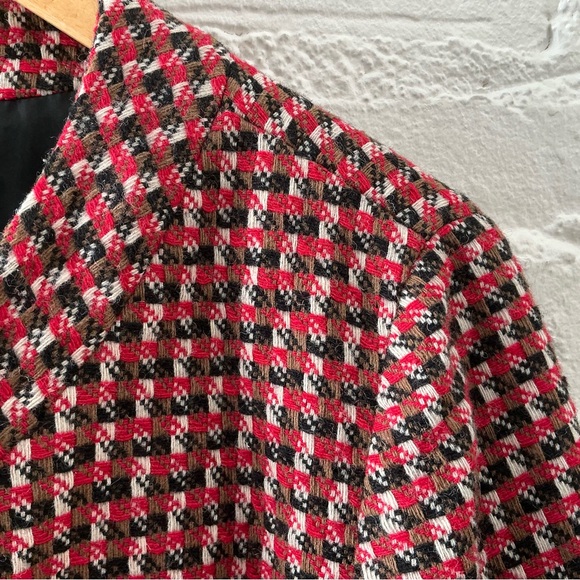 Ann Taylor Collarless Blazer Wool Blend  Red Brown Houndstooth Tweed Jacket 14 - Picture 6 of 16